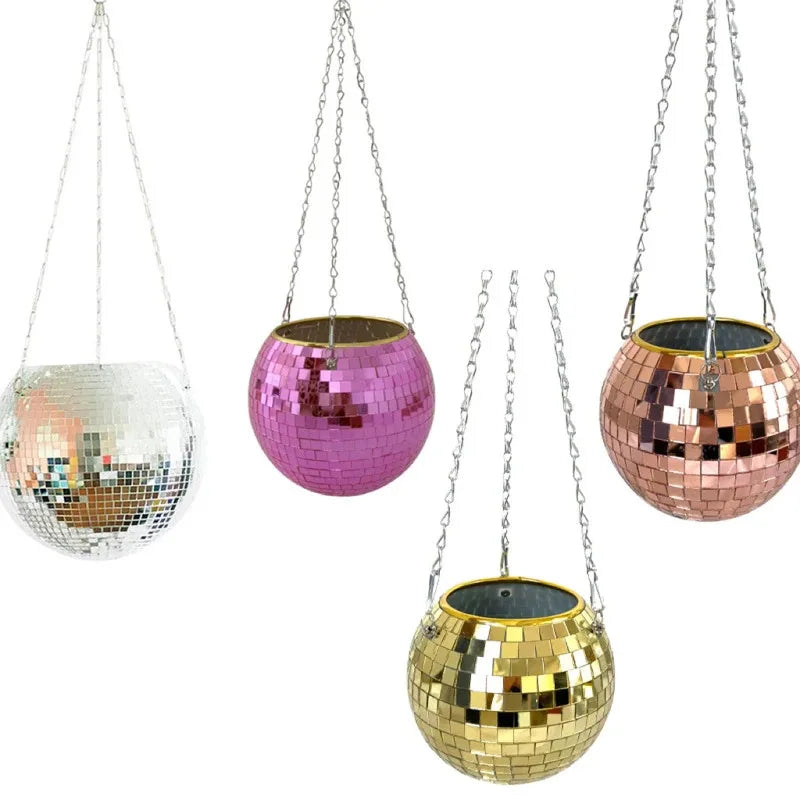 Disco Ball Hanging Flower Planter - Bohemian Rope Mirror Basket for Indoor Plants, Garden & Home Decor Vase
