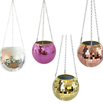 Disco Ball Hanging Flower Planter - Bohemian Rope Mirror Basket for Indoor Plants, Garden & Home Decor Vase