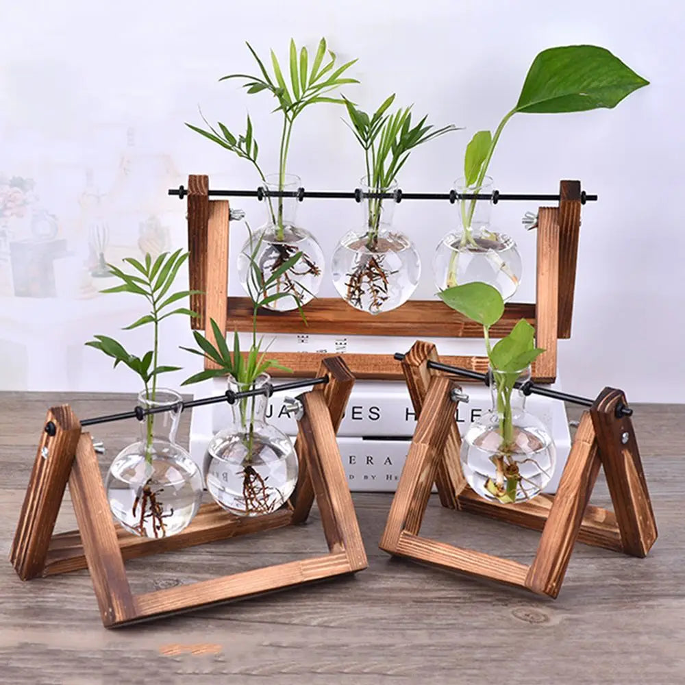 Vintage Bonsai Terrarium Tabletop Wooden Frame Flower Pot Hydroponic Plant Vases Glass Vase