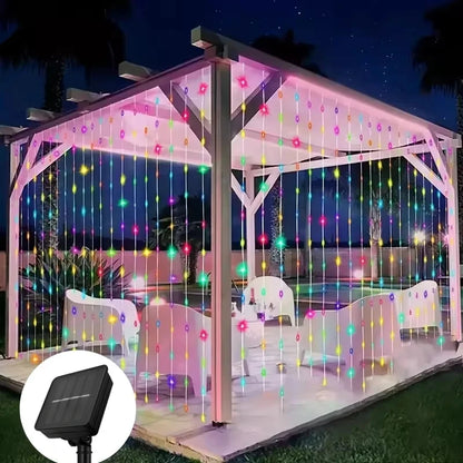 Outdoor Solar Curtain Light 3x3M 300Leds Holiday Decorations Garland 8 Modes Halloween Christmas Party Decor String Lights