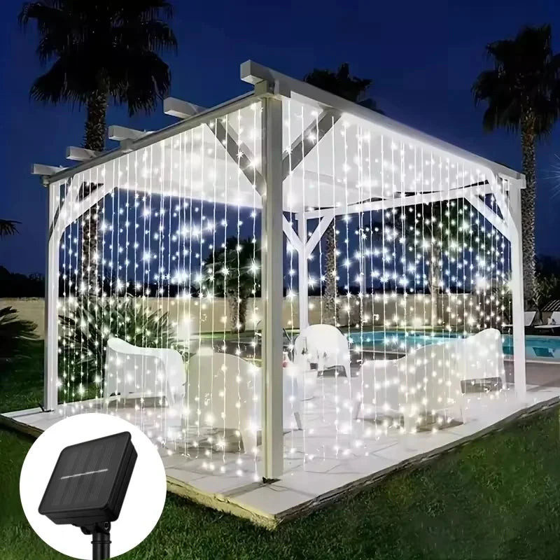 Outdoor Solar Curtain Light 3x3M 300Leds Holiday Decorations Garland 8 Modes Halloween Christmas Party Decor String Lights
