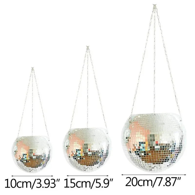 Disco Ball Hanging Flower Planter - Bohemian Rope Mirror Basket for Indoor Plants, Garden & Home Decor Vase