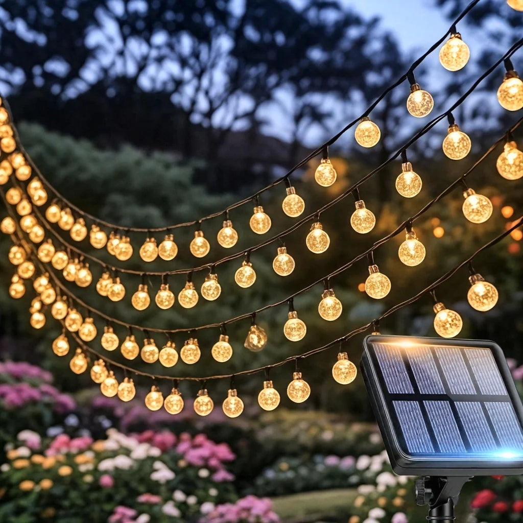 Solar Outdoor Lights 20/50/100 LED | Warm Color Ball String Lights with 8 Lighting Modes, for Garden Tree Patio Wedding Party