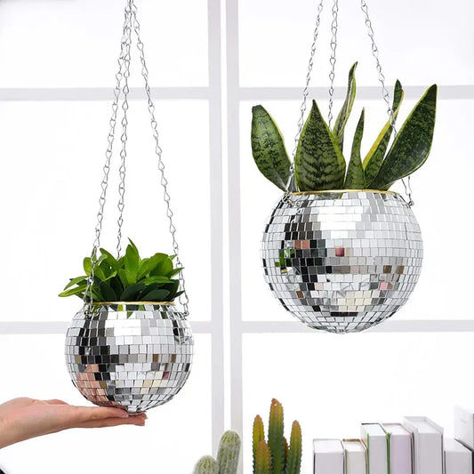 Disco Ball Hanging Flower Planter - Bohemian Rope Mirror Basket for Indoor Plants, Garden & Home Decor Vase
