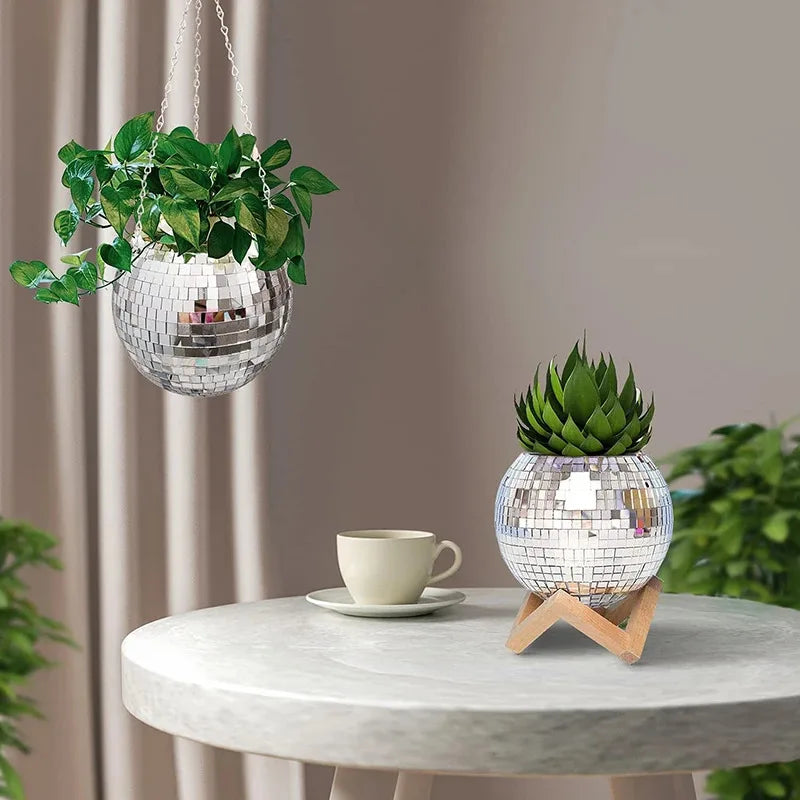 Disco Ball Hanging Flower Planter - Bohemian Rope Mirror Basket for Indoor Plants, Garden & Home Decor Vase