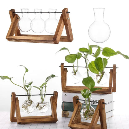 Vintage Bonsai Terrarium Tabletop Wooden Frame Flower Pot Hydroponic Plant Vases Glass Vase