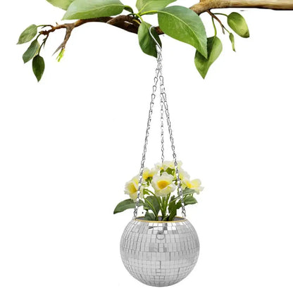 Disco Ball Hanging Flower Planter - Bohemian Rope Mirror Basket for Indoor Plants, Garden & Home Decor Vase