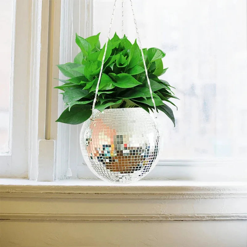 Disco Ball Hanging Flower Planter - Bohemian Rope Mirror Basket for Indoor Plants, Garden & Home Decor Vase