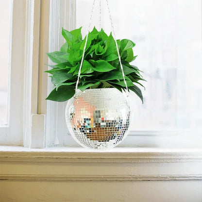 Disco Ball Hanging Flower Planter - Bohemian Rope Mirror Basket for Indoor Plants, Garden & Home Decor Vase